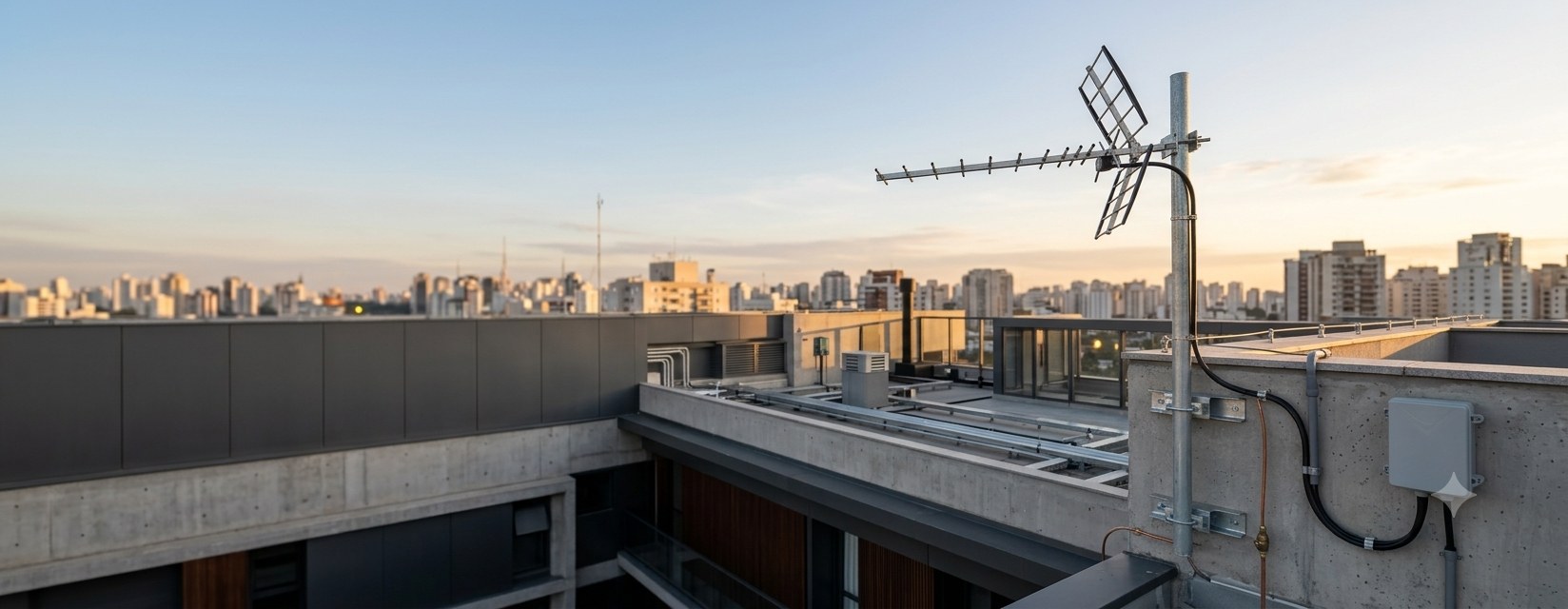 Sistema profissional de antena coletiva digital instalado na cobertura de condomínio em São Paulo