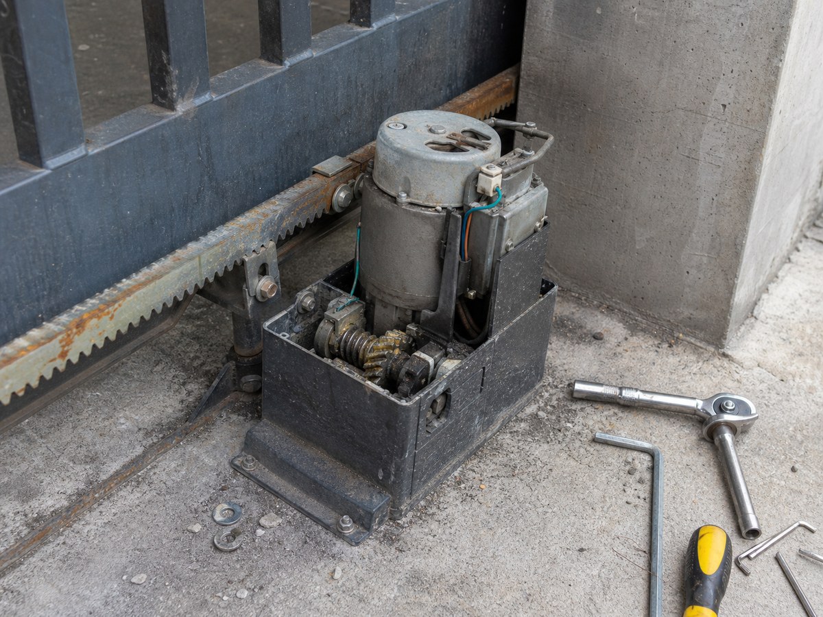 Motor e cremalheira de portão automático com sinais de desgaste