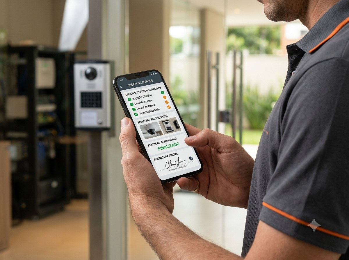 Técnico registrando Ordem de Serviço Digital de manutenção condominial