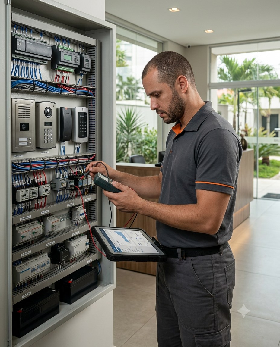 Técnico realizando manutenção preventiva em painel de controle de acesso de condomínio